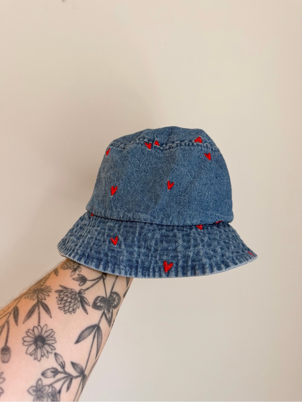 Zara Denim Bucket Hat with Red Heart Embroidery (Size 54cm - 6-10Y)